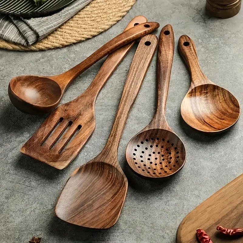 5pc Teak Cooking Kitchen Utencil Set