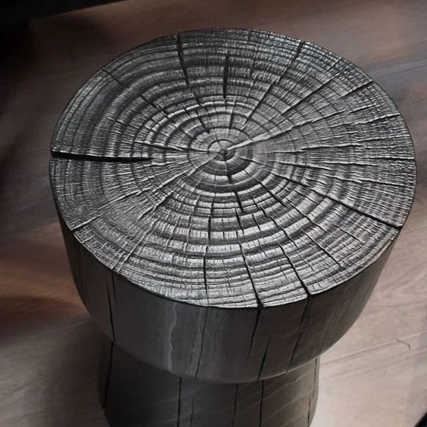 Carbonised Black Wooden Sculptural Plinth Side Table