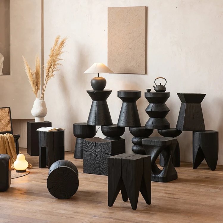 Carbonised Black Wooden Sculptural Plinth Side Table