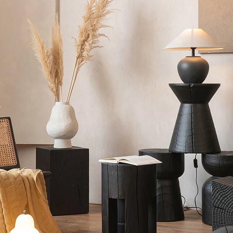 Carbonised Black Wooden Sculptural Plinth Side Table