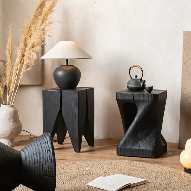 Carbonised Black Wooden Sculptural Plinth Side Table
