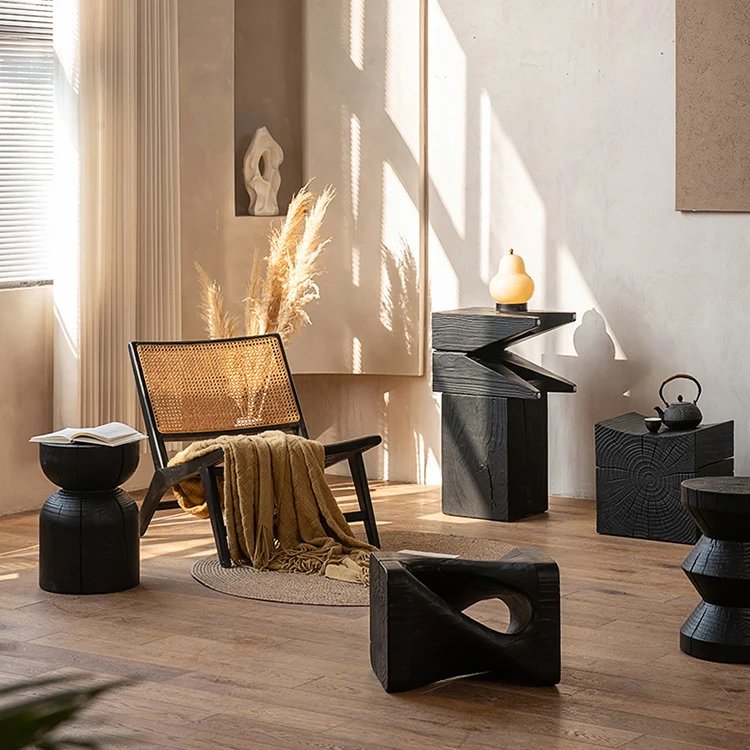 Carbonised Black Wooden Sculptural Plinth Side Table