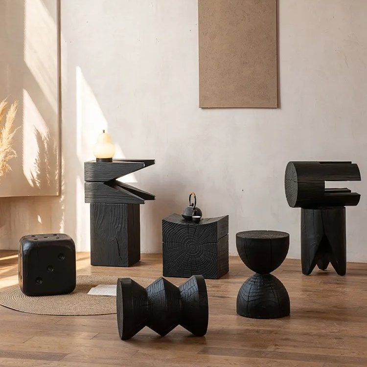 Carbonised Black Wooden Sculptural Plinth Side Table