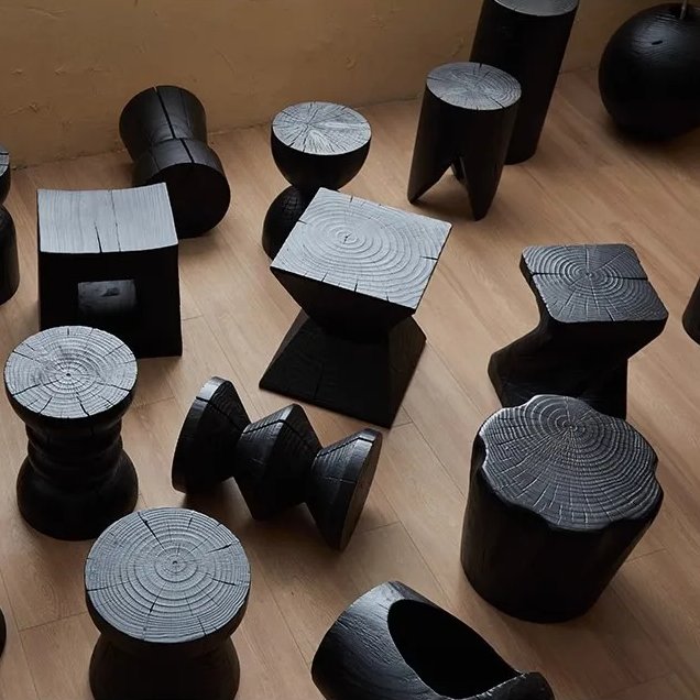 Carbonised Black Wooden Sculptural Plinth Side Table