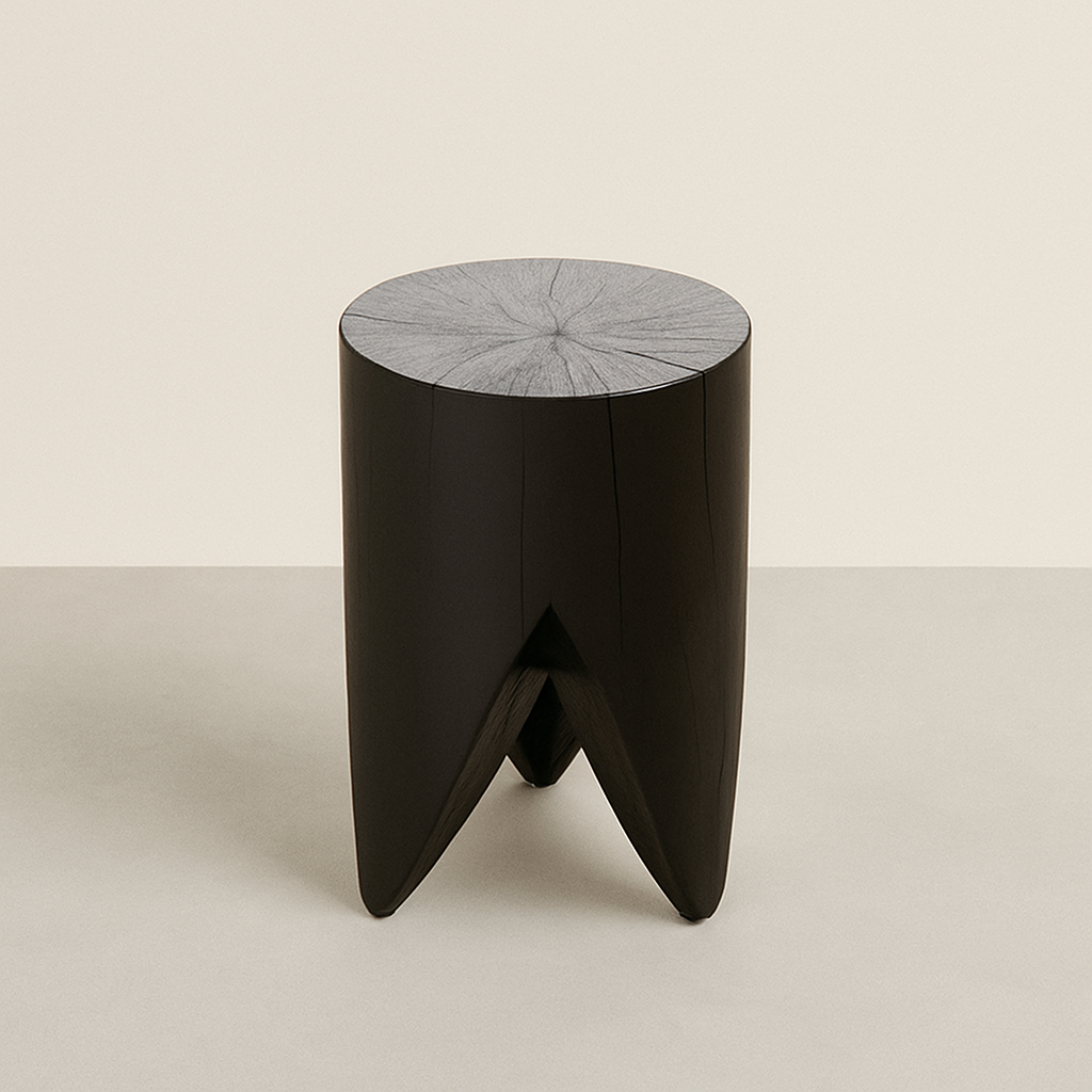 Carbonised Black Wooden Sculptural Plinth Side Table