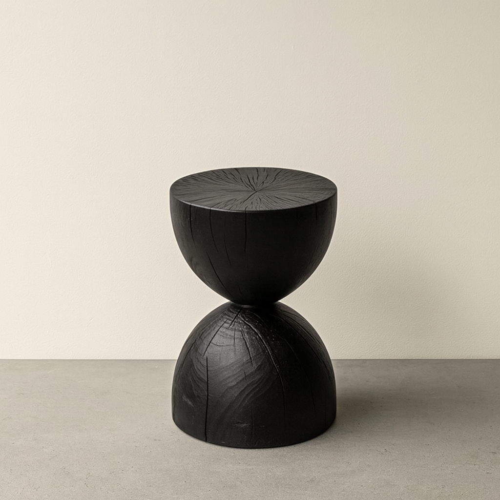 Carbonised Black Wooden Sculptural Plinth Side Table