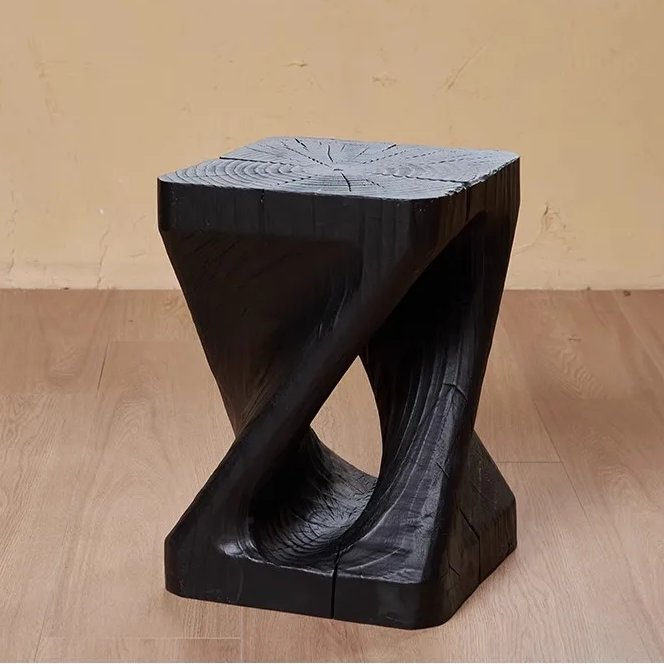 Carbonised Black Wooden Sculptural Plinth Side Table