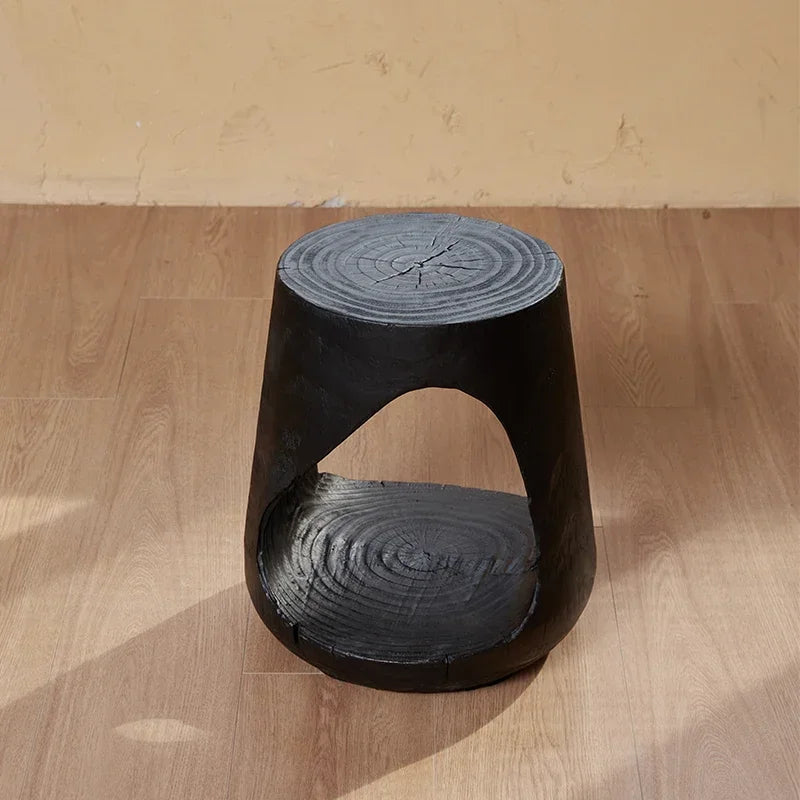 Carbonised Black Wooden Sculptural Plinth Side Table