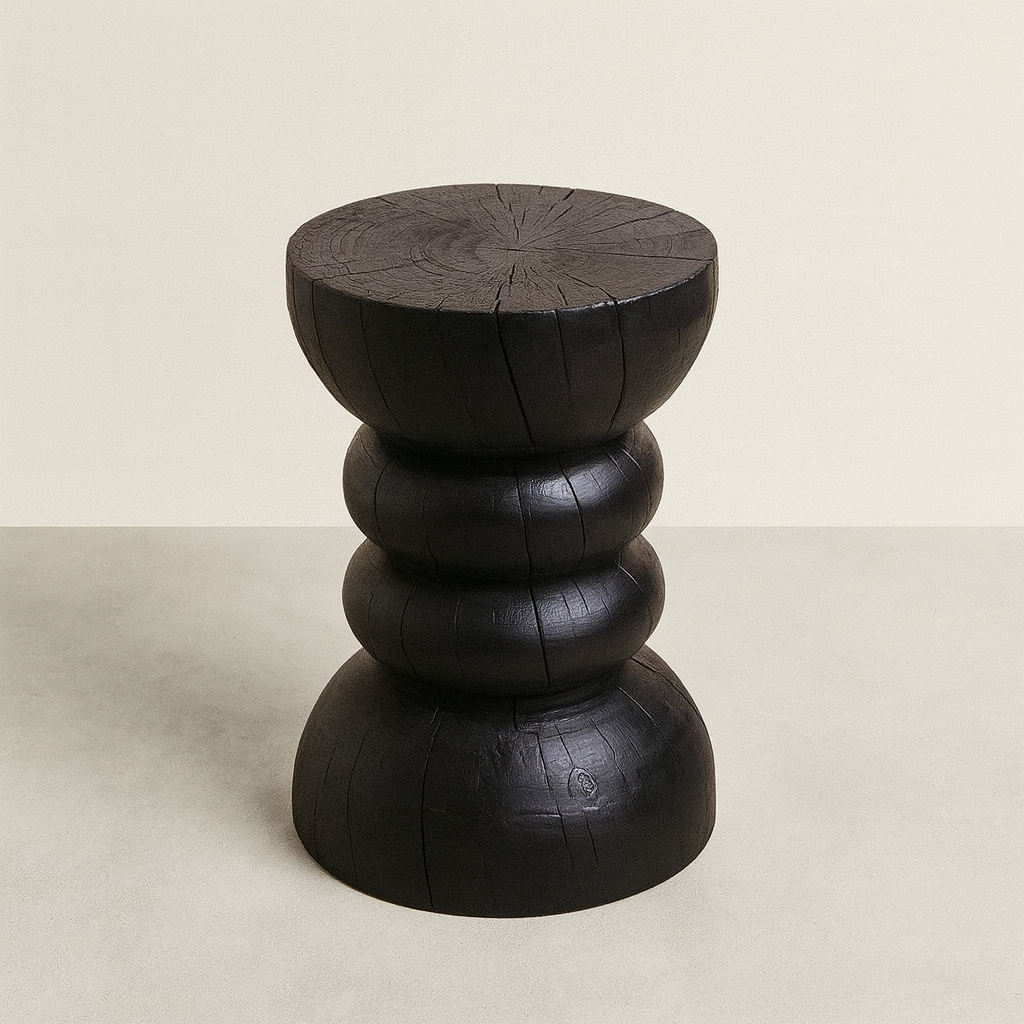 Carbonised Black Wooden Sculptural Plinth Side Table