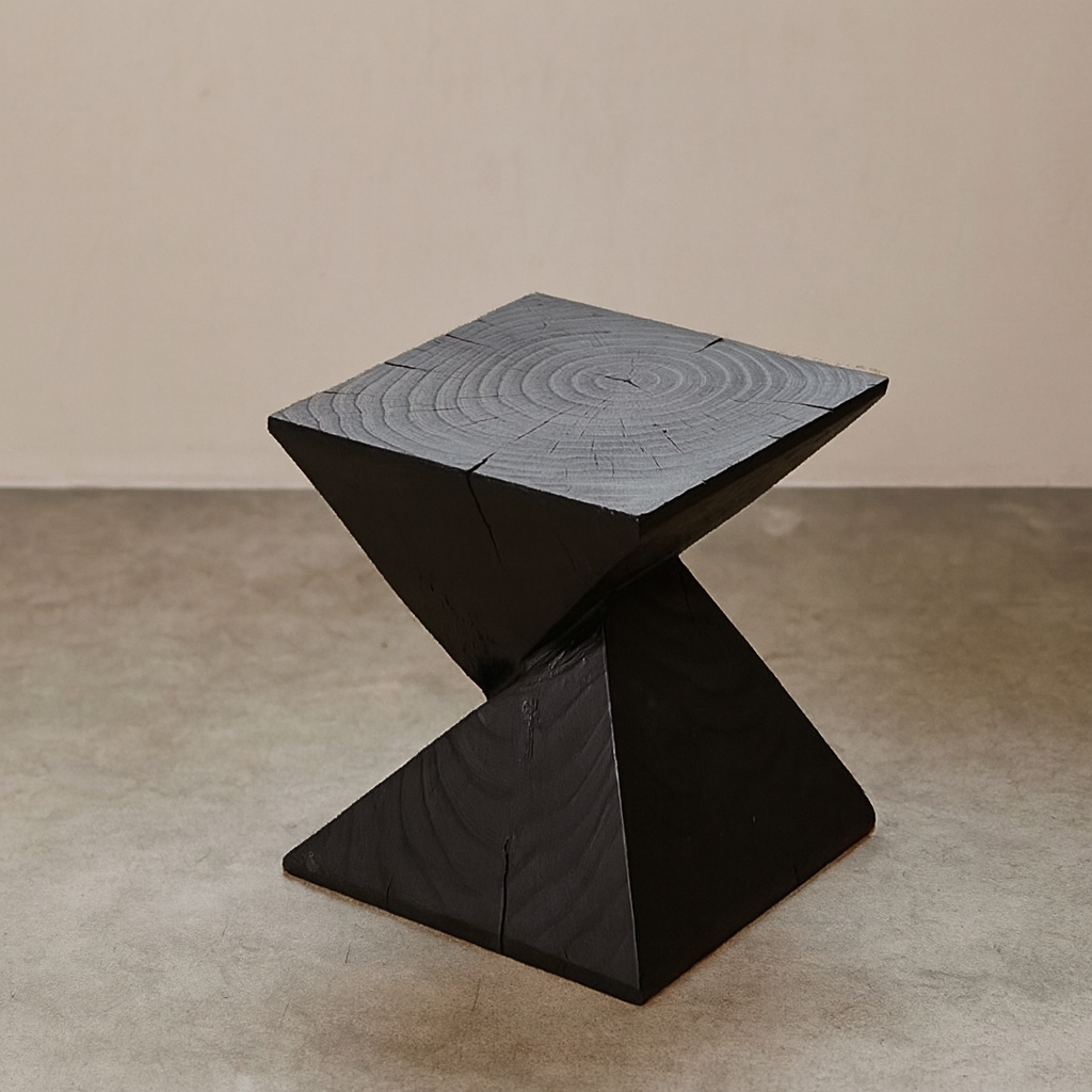 Carbonised Black Wooden Sculptural Plinth Side Table
