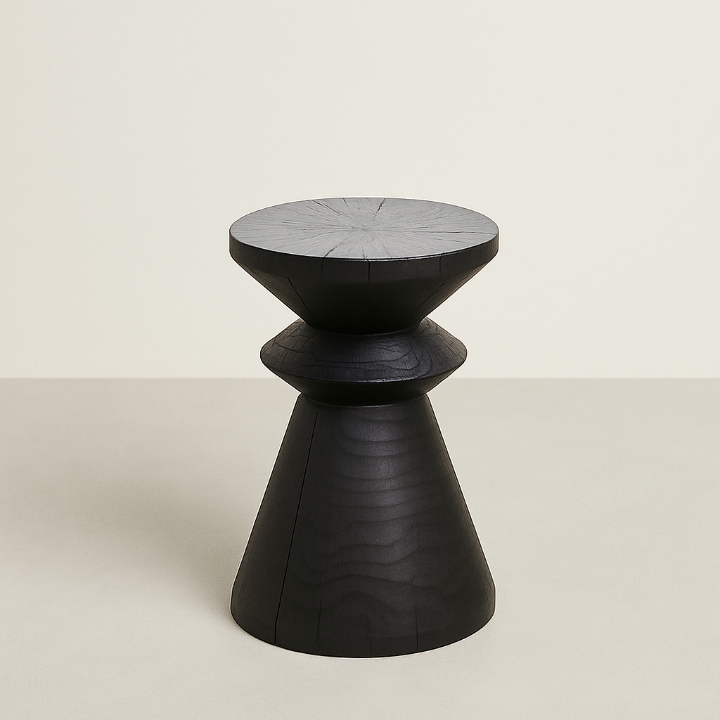 Carbonised Black Wooden Sculptural Plinth Side Table