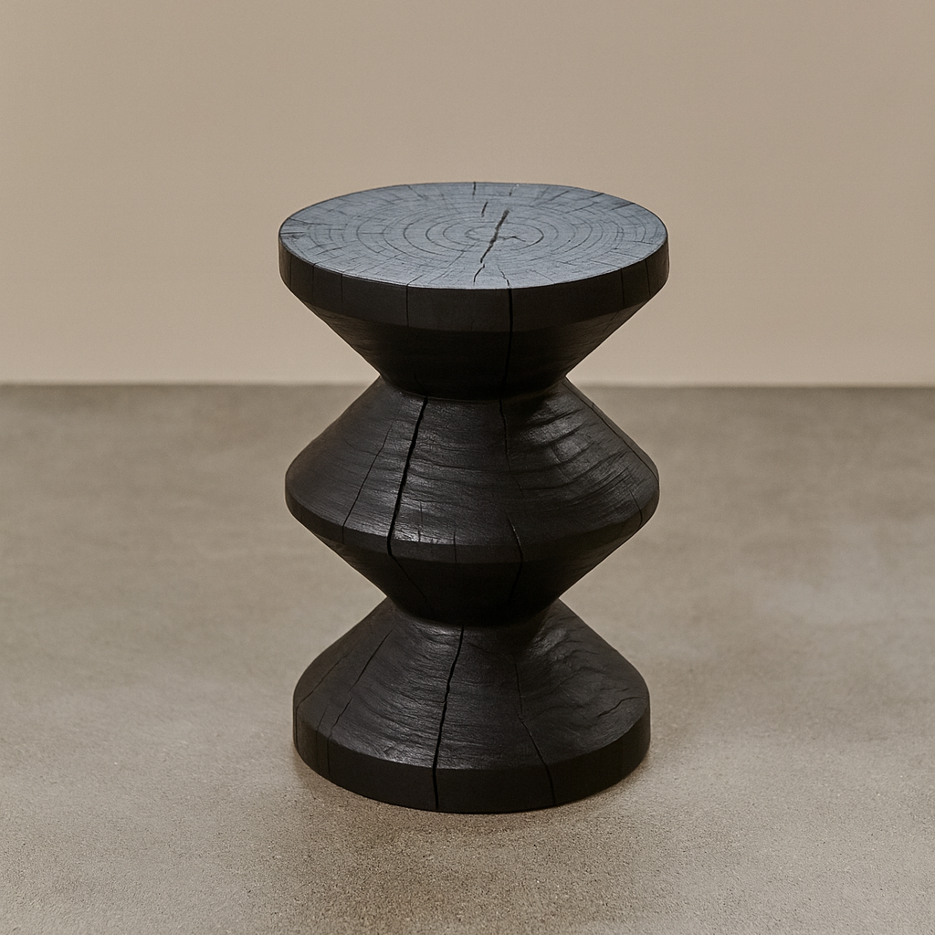 Carbonised Black Wooden Sculptural Plinth Side Table