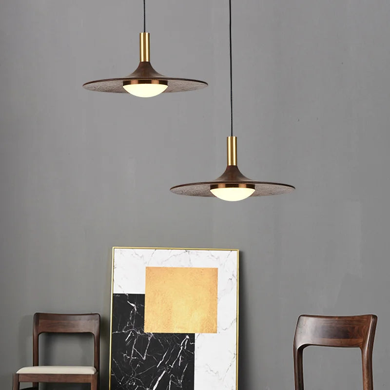 Wooden & Brass Saucer Pendant Light