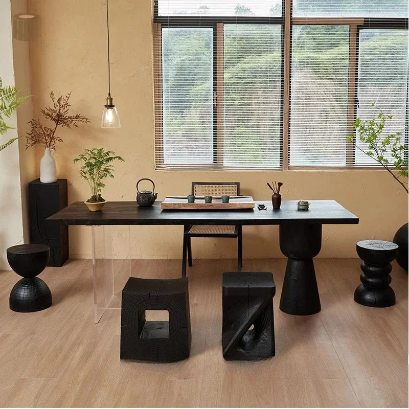 Carbonised Black Wooden Sculptural Plinth Side Table