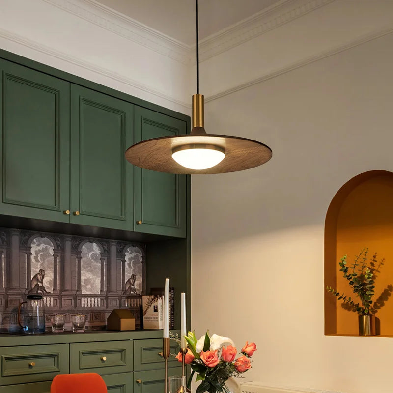 Wooden & Brass Saucer Pendant Light