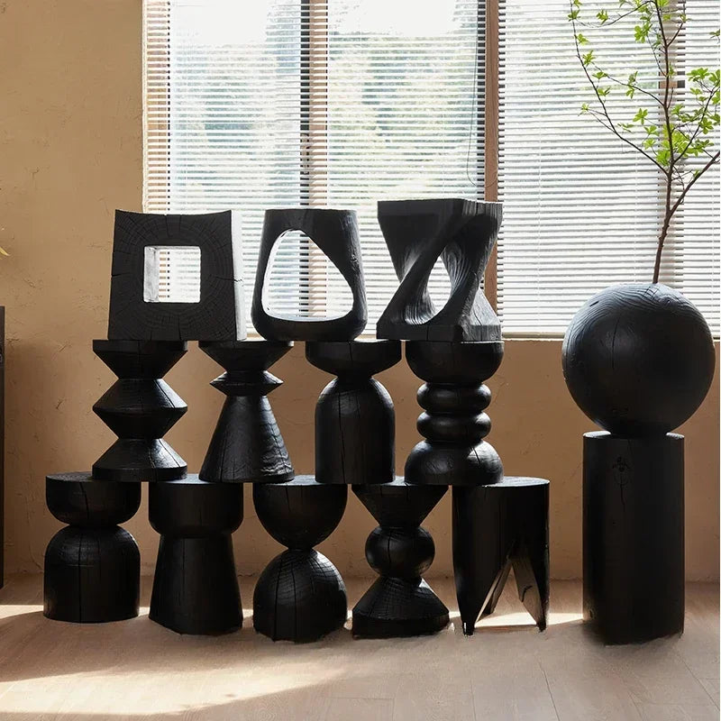 Carbonised Black Wooden Sculptural Plinth Side Table