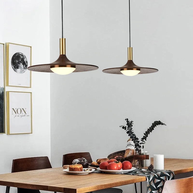 Wooden & Brass Saucer Pendant Light